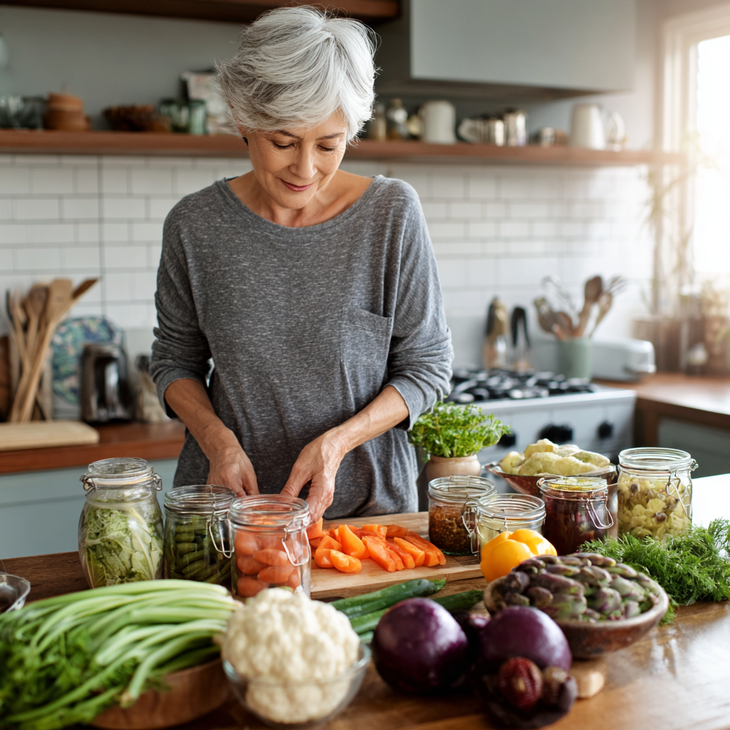 Middle-aged adult organizing weekly meal components on kitchen counter with fresh seasonal ingredients