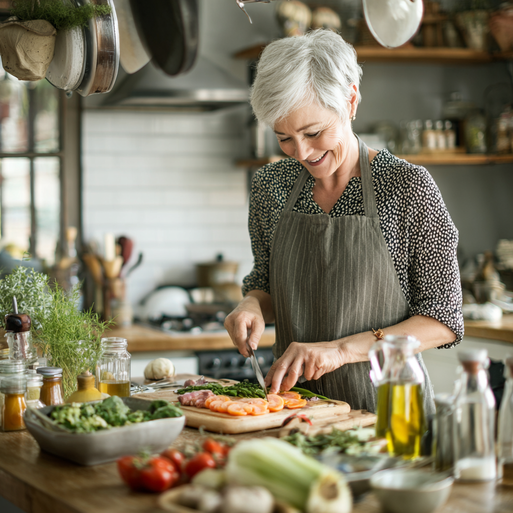 Older adult preparing balanced meal in bright kitchen with organized ingredients and simple cooking tools
